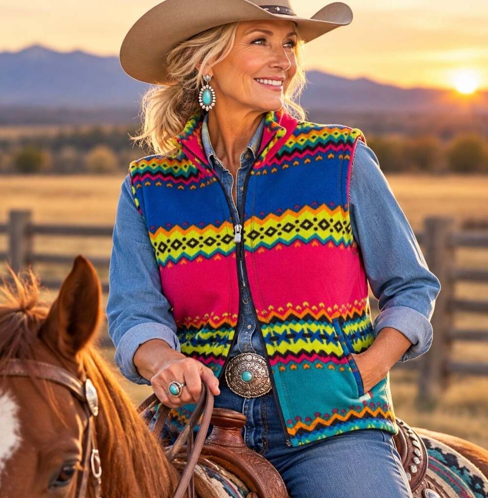 Susan Bristol XL Southwestern Fleece Vest Western Cowgirl Aztec Rodeo Ranch Boho